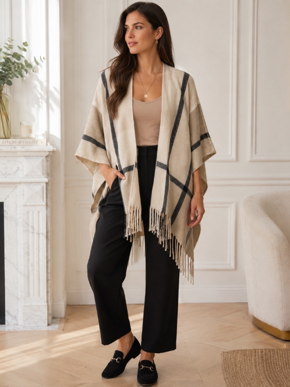 Minimalist Travel Wrap Neutral Cashmere Blend Miranda Plaid by Three Dots - Picture 3 of 9